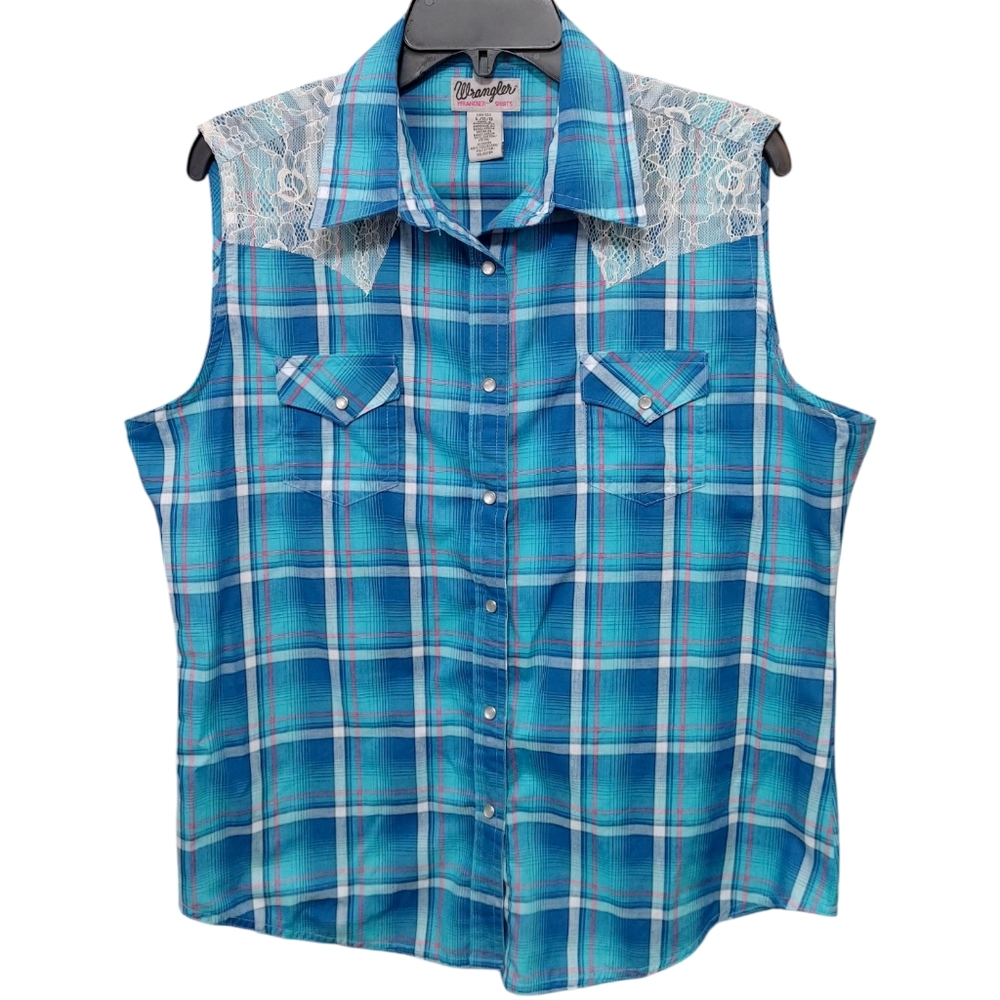 Wrangler Rancher Blue Plaid Lace Pearl Snap Button Shirt Women's Size Large